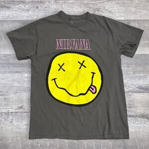 Nirvana Yellow Smiley Face Graphic T Shirt Womens M Grey Distressed Grunge Band